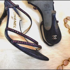 CHANEL CC Logo Purple Jeweled Suede Navy Heels